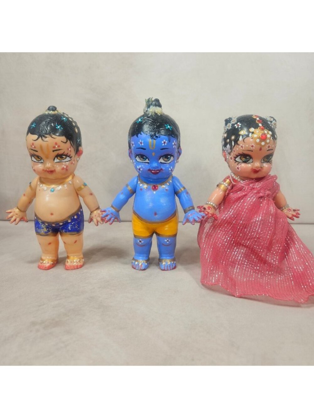 Krishna Radha Balaram Resin Statues 7” Hindu Deity Trio Sculpture Figurine VTG
